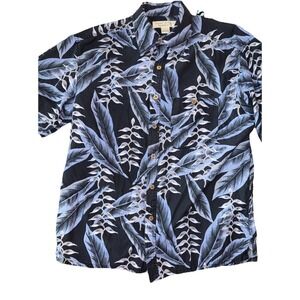Vintage Island Republic Shirt Mens L Blue Floral Tropical Silk Hawaiian Shirt‎